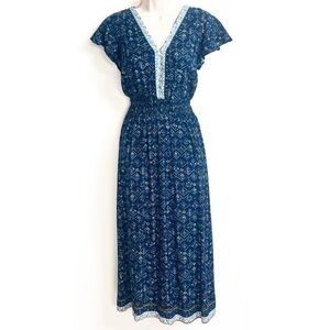 NWT Lucky Brand Floral Midi Skirt Flutter Cap Sleeve Pullover Blue Multi V Neck